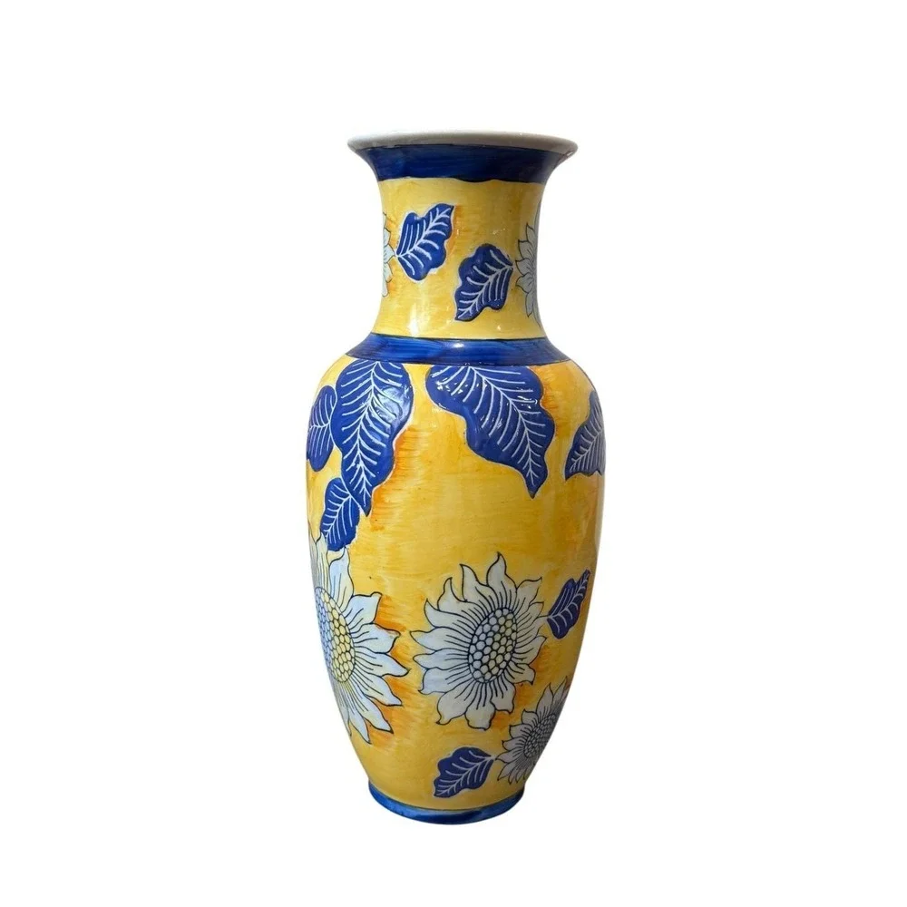 Vintage Chinoiserie Vase‎ Yellow Blue Floral Asian Ceramic Grandmillennial Decor